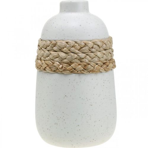 Article Vase fleuri céramique blanche et jonc de mer décoration estivale H17,5cm