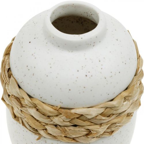 Article Vase fleuri céramique blanche et jonc de mer décoration estivale H17,5cm