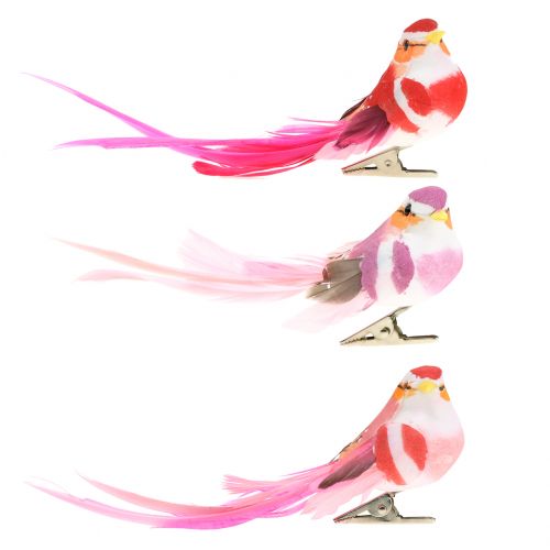 Floristik24 Oiseau sur clip rose, rose 15cm 12pcs