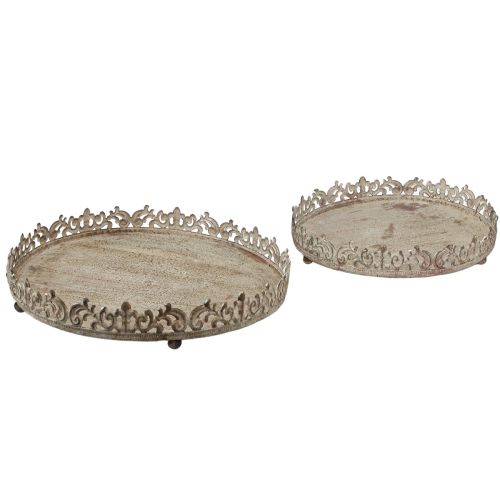 Floristik24 Plateau décoratif vintage rond avec pieds gris Ø30/35cm set de 2 pièces