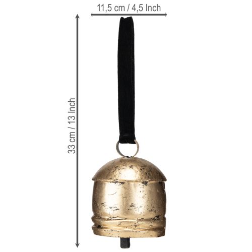 Floristik24 Cloche vintage dorée avec ruban velours noir H15cm