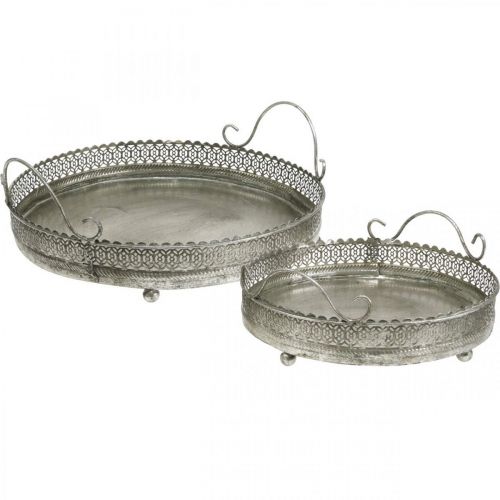 Article Plateau vintage, plateau déco argent, plateau bougie H6cm Ø31/24cm lot de 2
