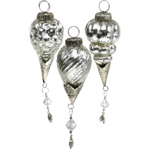 Floristik24 Pendentif de Noël vintage gouttes de verre argent 20cm 3pcs