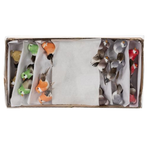 Article Oiseaux décoratifs artificiels pour la maison, parfaits pour le printemps, avec un plumage coloré en véritables plumes, 5 cm, lot de 18.