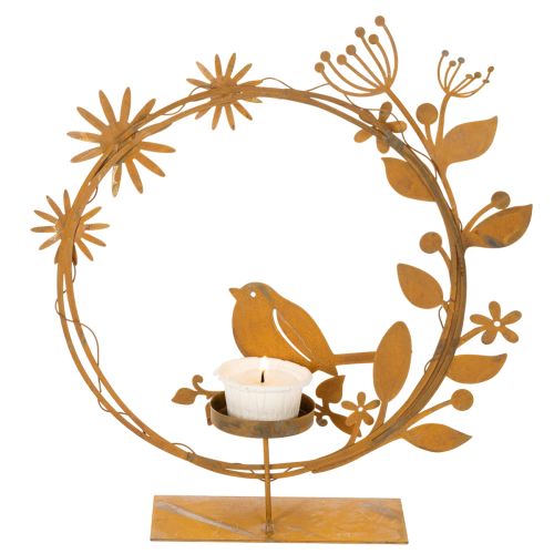 Porte-bougie chauffe-plat décoratif en forme d'oiseau et de fleur, aspect rouille, 24 × 27 × 6 cm | Floristik24.fr