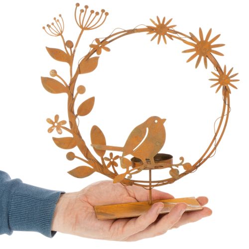 Porte-bougie chauffe-plat décoratif en forme d'oiseau et de fleur, aspect rouille, 24 × 27 × 6 cm | Floristik24.fr
