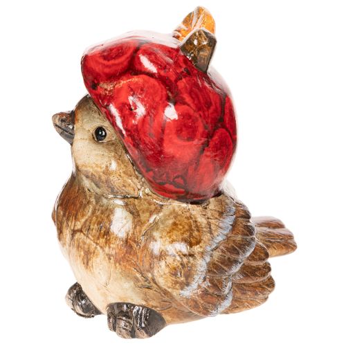 Décoration en céramique oiseau avec bonnet pomme rouge 13cm | Floristik24.fr