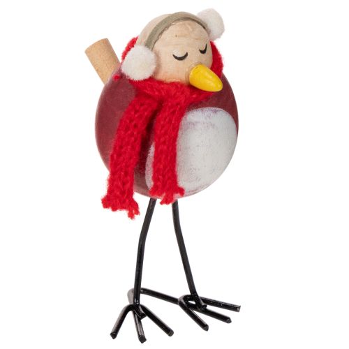Set de 4 figurines oiseaux décoratifs en bois et métal, 11 cm, avec écharpe rouge, décoration d'hiver