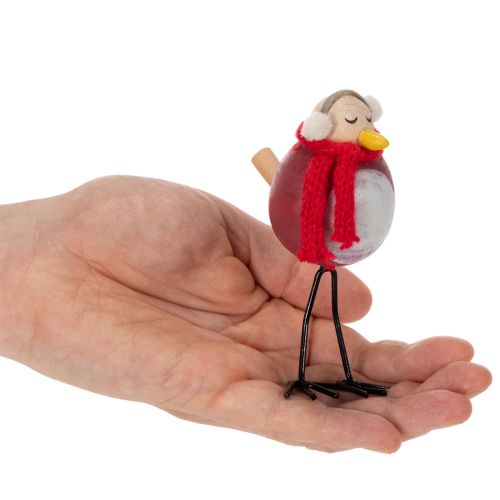 Set de 4 figurines oiseaux décoratifs en bois et métal, 11 cm, avec écharpe rouge, décoration d'hiver | Floristik24.fr