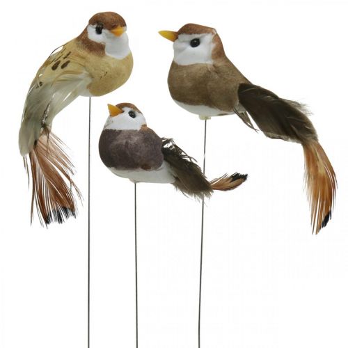 Floristik24 Déco printanière, mini oiseaux, oiseaux décoratifs sur fil marron, beige H2,5cm 24 pcs