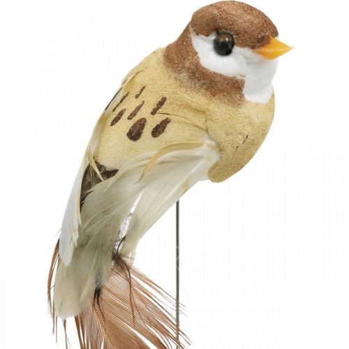 Floristik24 Déco printanière, mini oiseaux, oiseaux décoratifs sur fil marron, beige H2,5cm 24 pcs
