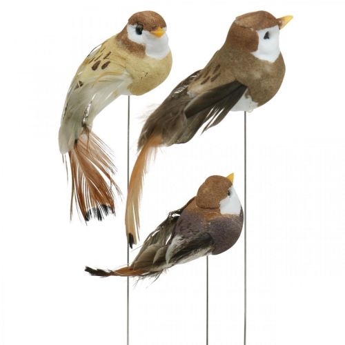 Floristik24 Déco printanière, mini oiseaux, oiseaux décoratifs sur fil marron, beige H2,5cm 24 pcs