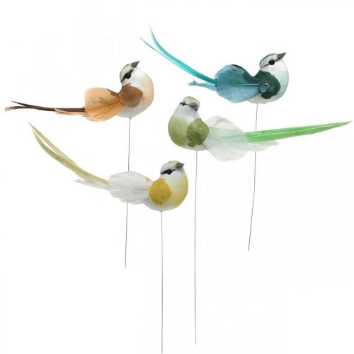 Déco oiseaux, décoration printanière, oiseaux à plumes, été, oiseaux sur fil, coloré H3,5cm 12 pièces