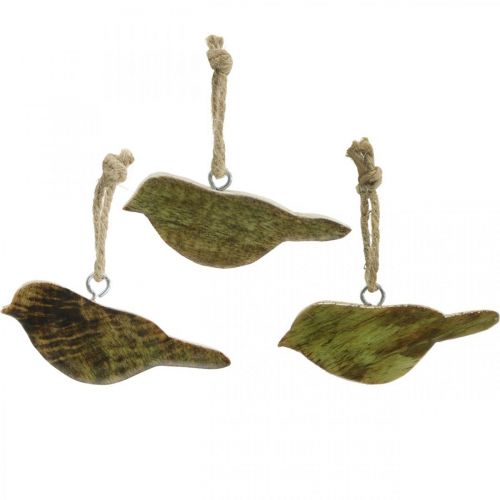 Oiseaux à suspendre, décoration printanière, cintre en bois nature, vert H4cm 6pcs