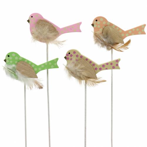 Bouchon décoratif oiseau bois vert, rose, jaune, orange assorti 7cm x 4cm H24cm 16pcs