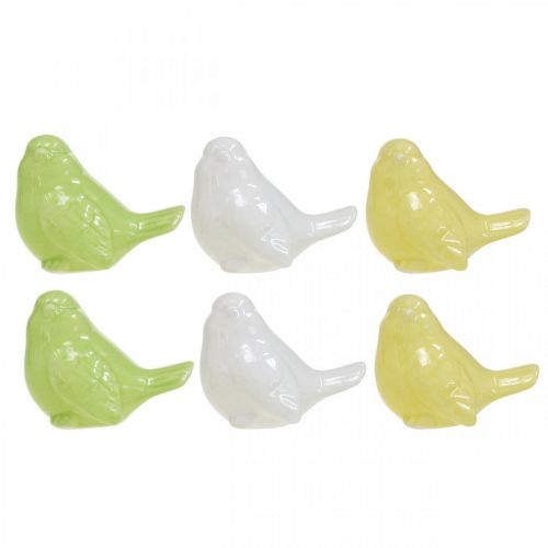 Article Oiseau en céramique blanc, vert, jaune, décoration de table H5cm L6cm 6pcs