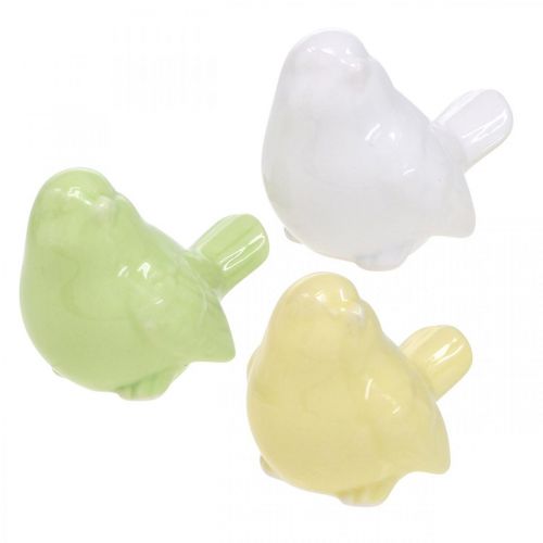 Floristik24 Oiseau en céramique blanc, vert, jaune, décoration de table H5cm L6cm 6pcs