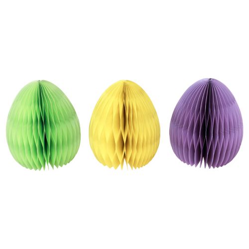 Article Oeufs en nid d&#39;abeille papier de Pâques debout vert jaune violet 20cm 3pcs