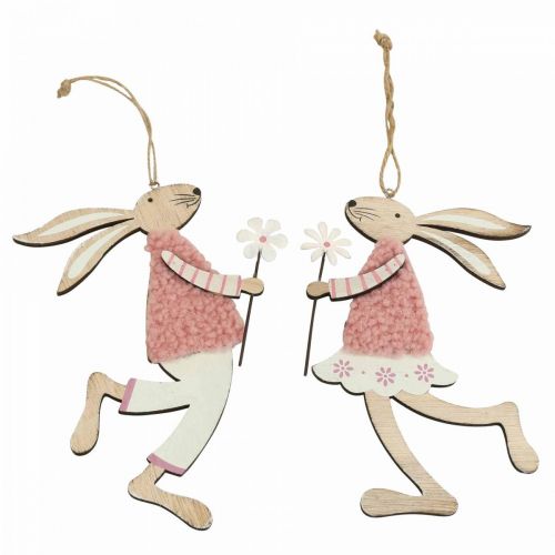 Décoration murale lapin de Pâques à suspendre en bois rose 14×19,5cm 4pcs