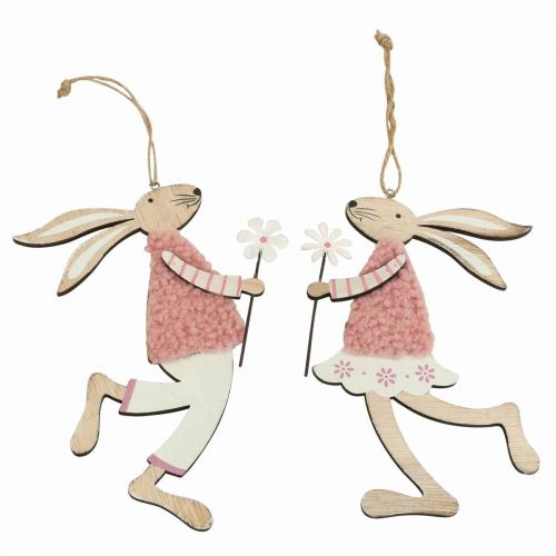 Floristik24 Décoration murale lapin de Pâques à suspendre en bois rose 14×19,5cm 4pcs