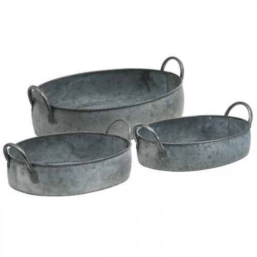 Jardinière avec anses, bac en zinc, bol fleuri aspect ancien, argent L35,5 / 30,5 / 26,5cm, lot de 3