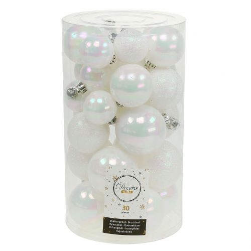 Floristik24 Boule de Noël blanche irisée Ø3,5cm - Ø5,5cm 30pcs