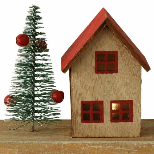 Article Village de Noël avec éclairage LED naturel, bois rouge 40 × 10,5 × 7cm