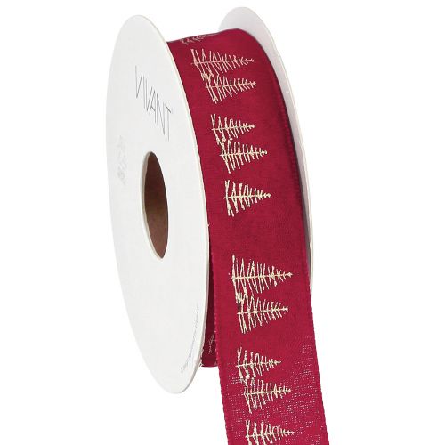 Floristik24 Ruban décoratif de Noël rouge avec motifs de sapins de Noël dorés, largeur 25 mm, longueur 15 m