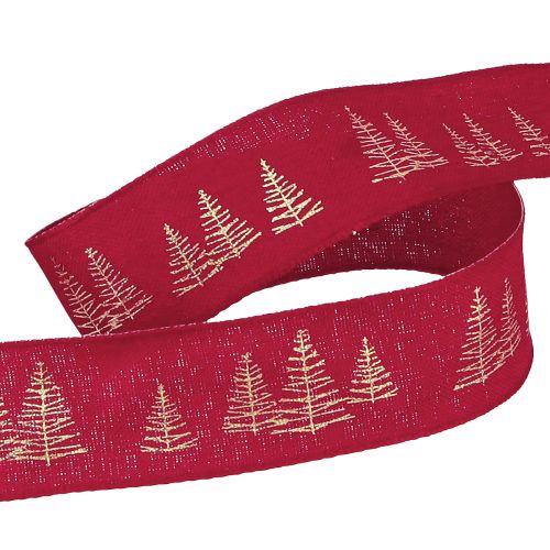 Floristik24 Ruban décoratif de Noël rouge avec motifs de sapins de Noël dorés, largeur 25 mm, longueur 15 m