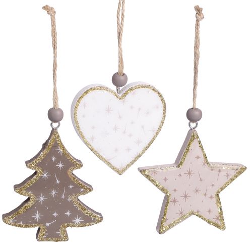 Article Pendentif de Noël étoile arbre coeur bois 6,5/7cm 6 pcs