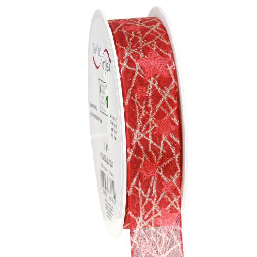 Article Ruban de Noël avec filet étoiles rouge et or 25 mm 18 m