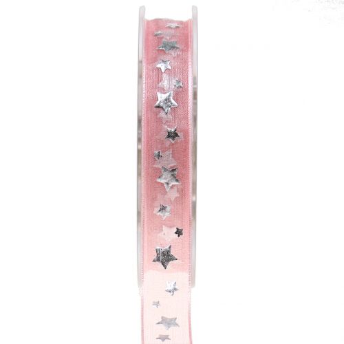 Floristik24 Ruban de Noël en organza rose avec motif étoile 15mm 20m