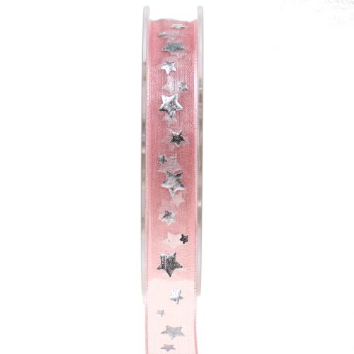 Ruban de Noël en organza rose avec motif étoile 15mm 20m