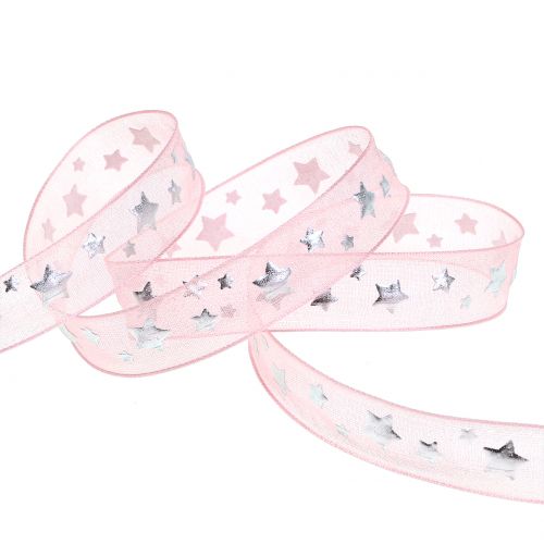 Article Ruban de Noël en organza rose avec motif étoile 15mm 20m