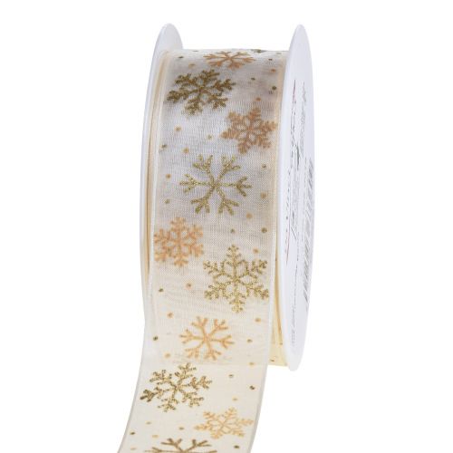 Floristik24 Ruban de Noël organza flocons de neige or blanc 40mm 15m