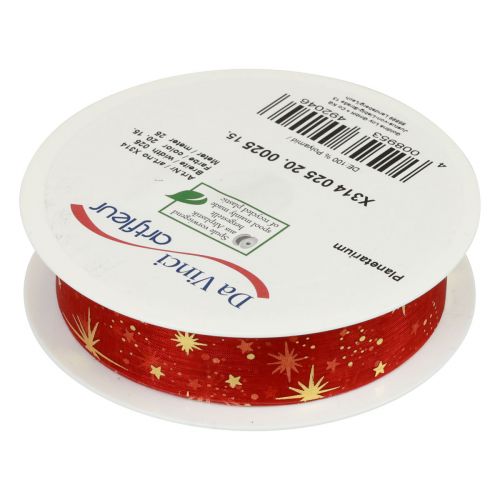 Floristik24 Ruban Noël, organza motif étoile rouge 25mm 25m