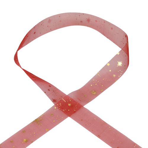 Floristik24 Ruban Noël, organza motif étoile rouge 25mm 25m