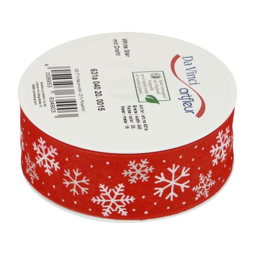 Floristik24 Ruban de Noël ruban cadeau flocons de neige rouge 40mm 15m