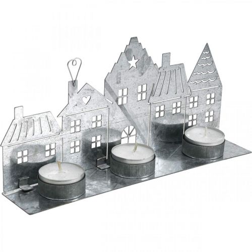 Article Décoration de Noël maisons, photophore métal argenté 25cm