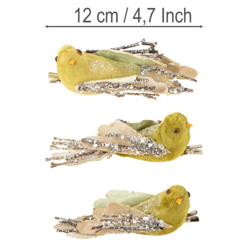Article Décoration de Noël oiseau sur clip vert, paillettes 12cm 6pcs assortis