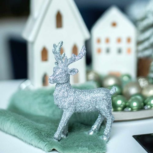 Floristik24 Décoration de Noël cerf argent / polyrésine pailletée H12.5cm