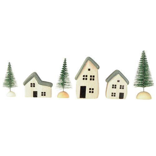 Article Village de Noël maisons en bois sapins verts et blancs 5-8 cm lot de 6