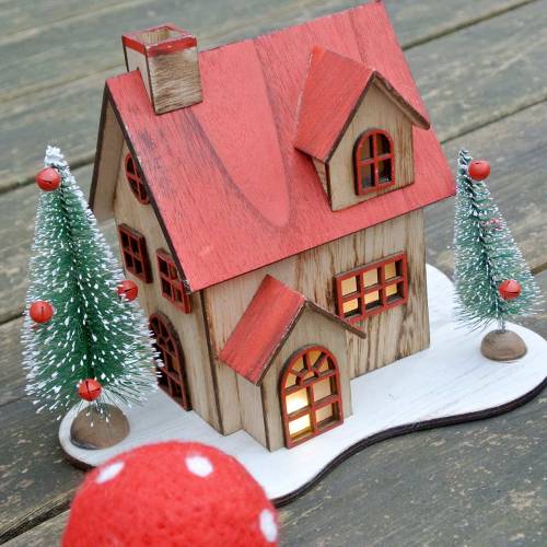 Article Maison de Noël avec éclairage LED naturel, bois rouge 20×15×15cm