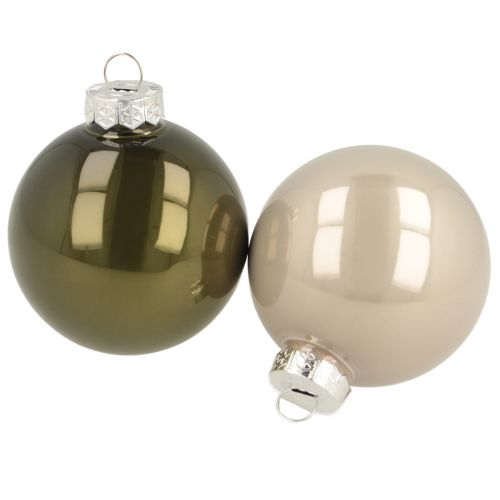 Lot de 2 boules de Noël en verre brillantes de couleur olive et sable avec suspension 5 cm 24 pièces