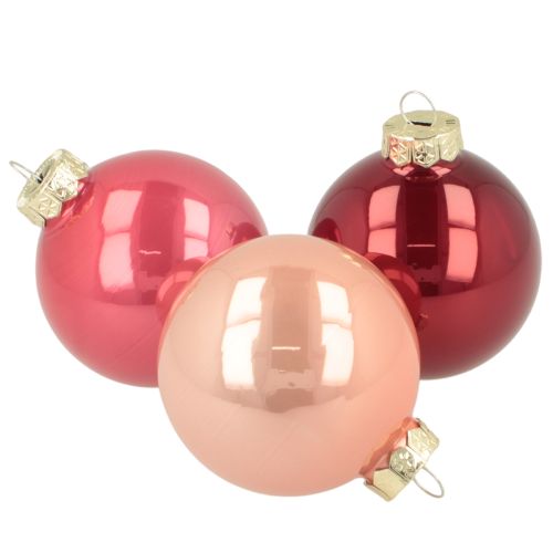 Boules de Noël en verre 6 cm rouges et roses, set de 24 pièces