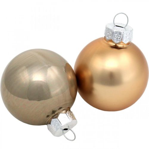 Article Mélange de décorations d&#39;arbres, boules de Noël, pendentifs mini sapin doré / marron / nacre / beige H4.5cm Ø4cm verre véritable 24pcs