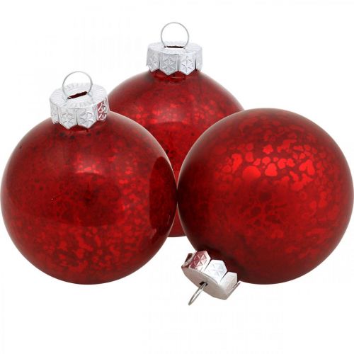 Floristik24 Boule de sapin de Noël, pendentif sapin, boule de Noël rouge marbré H6,5cm Ø6cm verre véritable 24 pcs