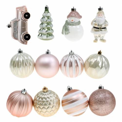 Floristik24 Décorations pour sapin de Noël dans un ensemble vieux rose, blanc, vert plastique 25pcs