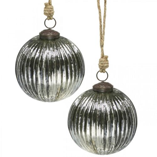 Article Boules de Noël en verre Boules de sapin de Noël argent avec rainures Ø10cm 2pcs