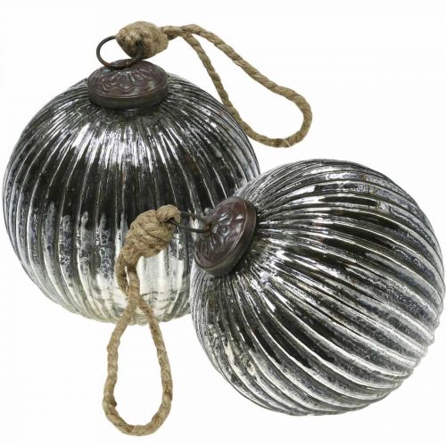 Floristik24 Boules de Noël en verre Boules de sapin de Noël argent avec rainures Ø10cm 2pcs